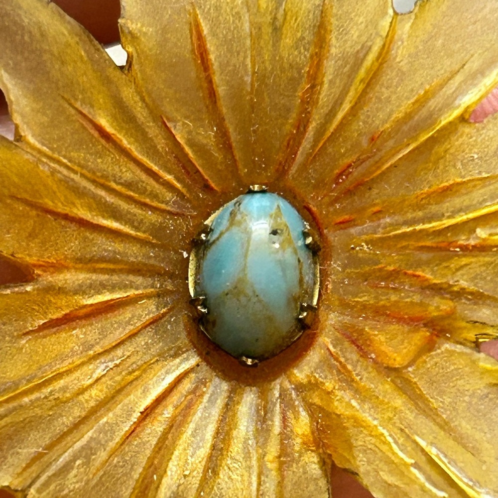 Antique Signed Celluloid Genuine Turquoise Flower C Clasp Brooch - Picture 9 of 15